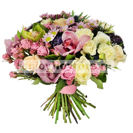 Букет из роз и розовых орхидей "Мадемуазель"